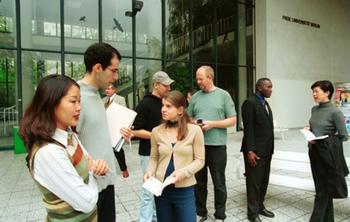 International students in front of the Henry Ford Building