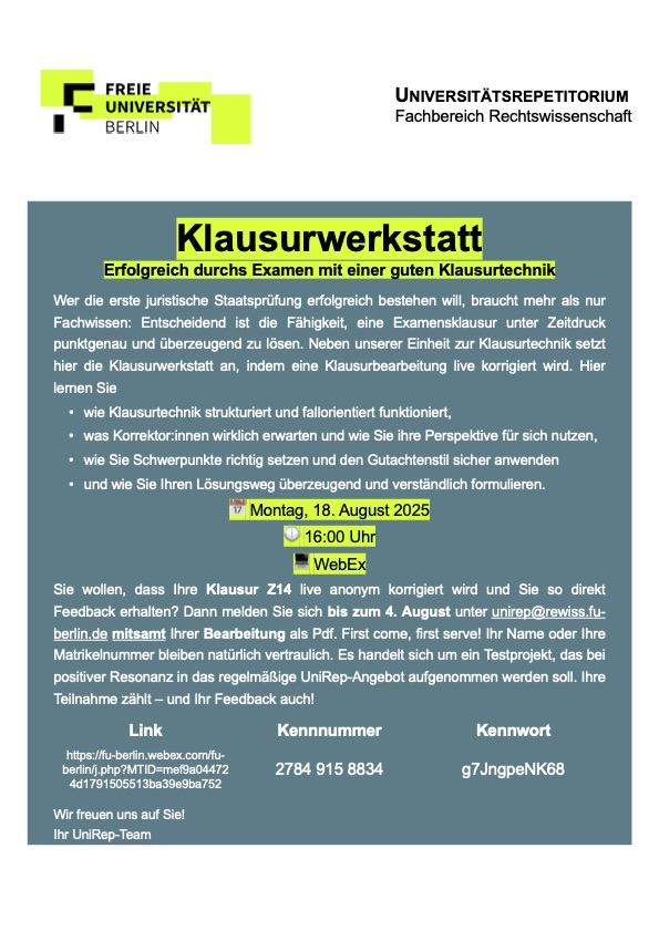 FU UniRep Klausurwerkstatt Z14, 18. August 2025, 16 Uhr