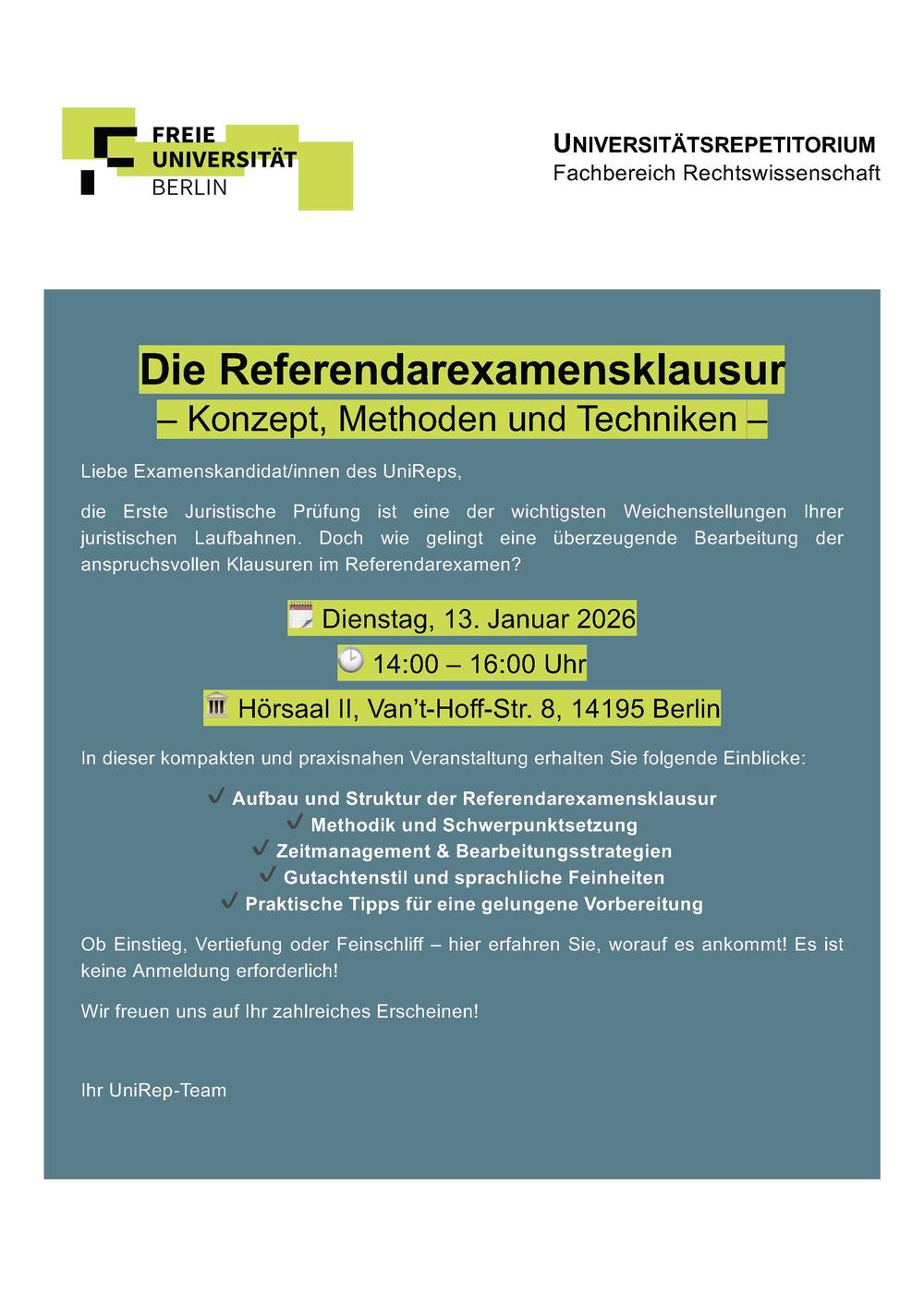 FU UniRep, Die Referendarexamensklausur Flyer, Januar 2026