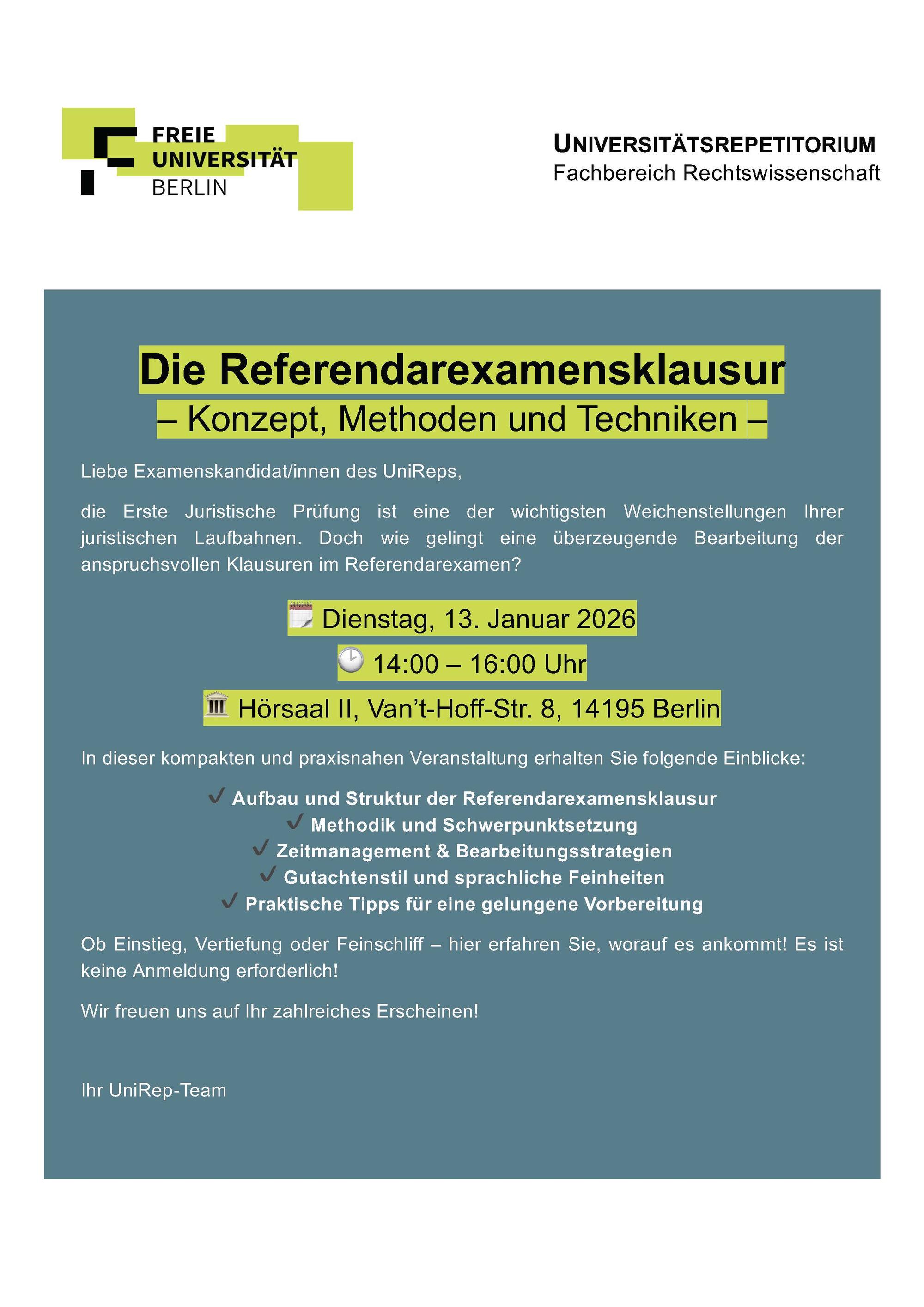 FU UniRep, Die Referendarexamensklausur Flyer, Januar 2026