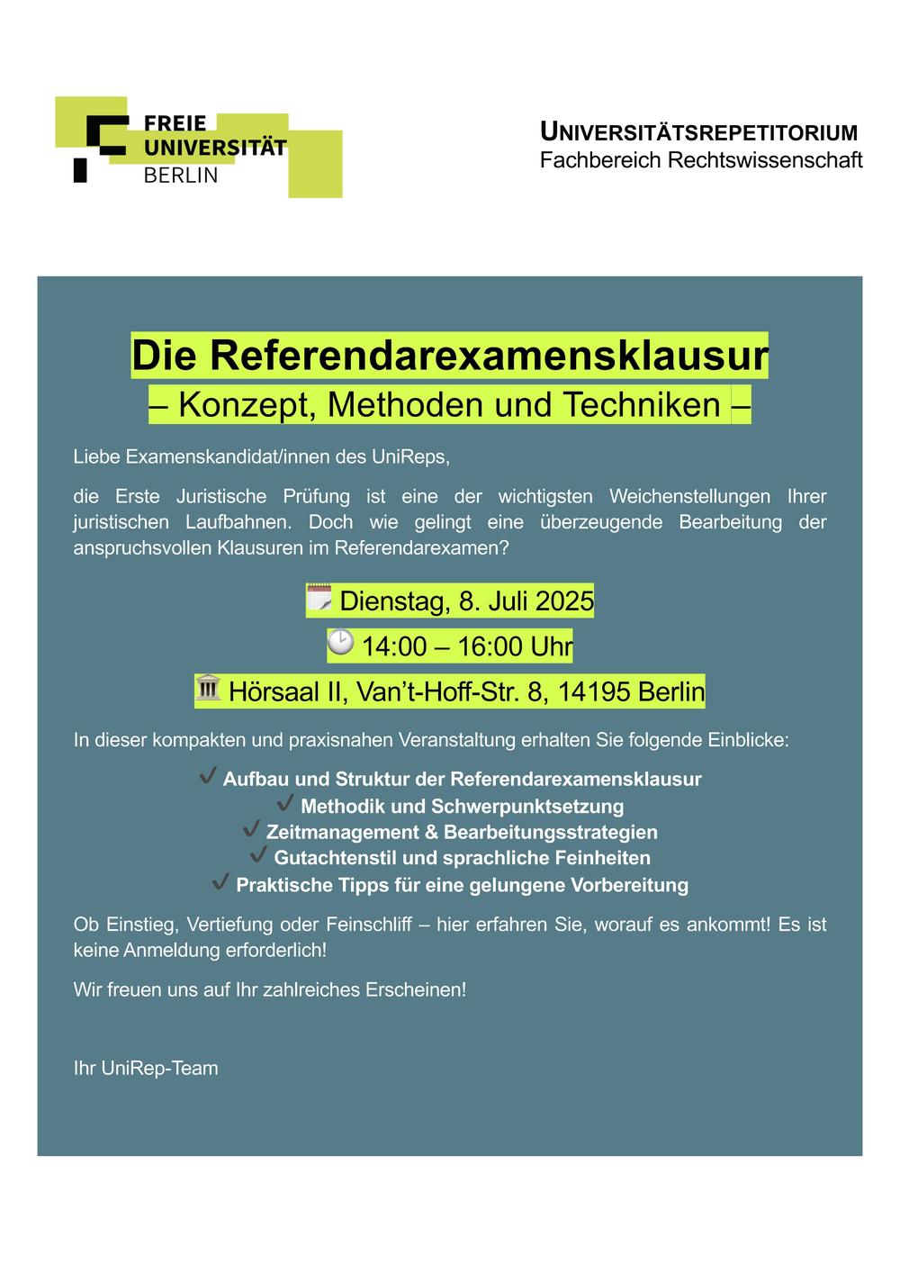 FU UniRep, Die Referendarexamensklausur Flyer, Juli 2025