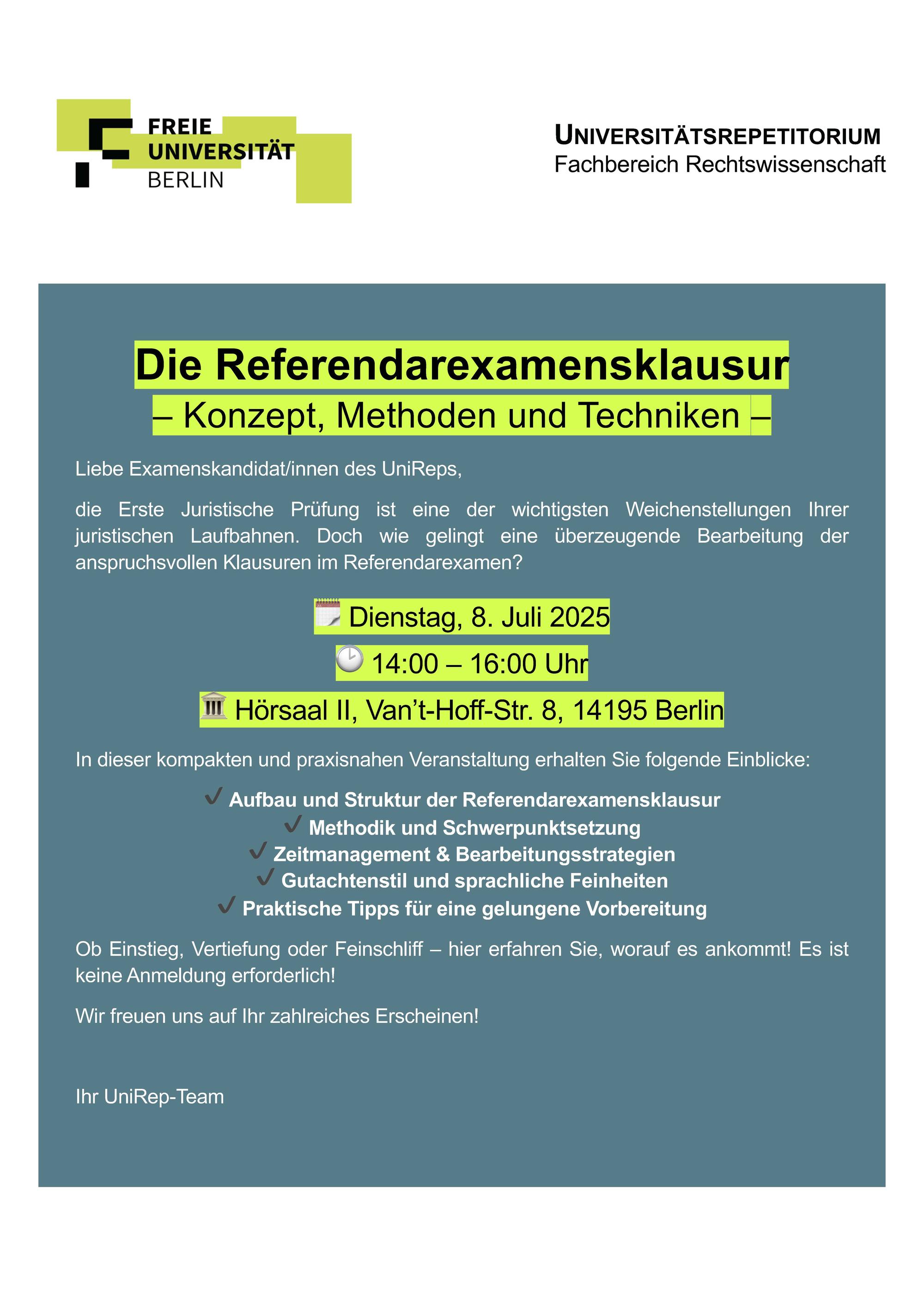 FU UniRep, Die Referendarexamensklausur Flyer, Juli 2025