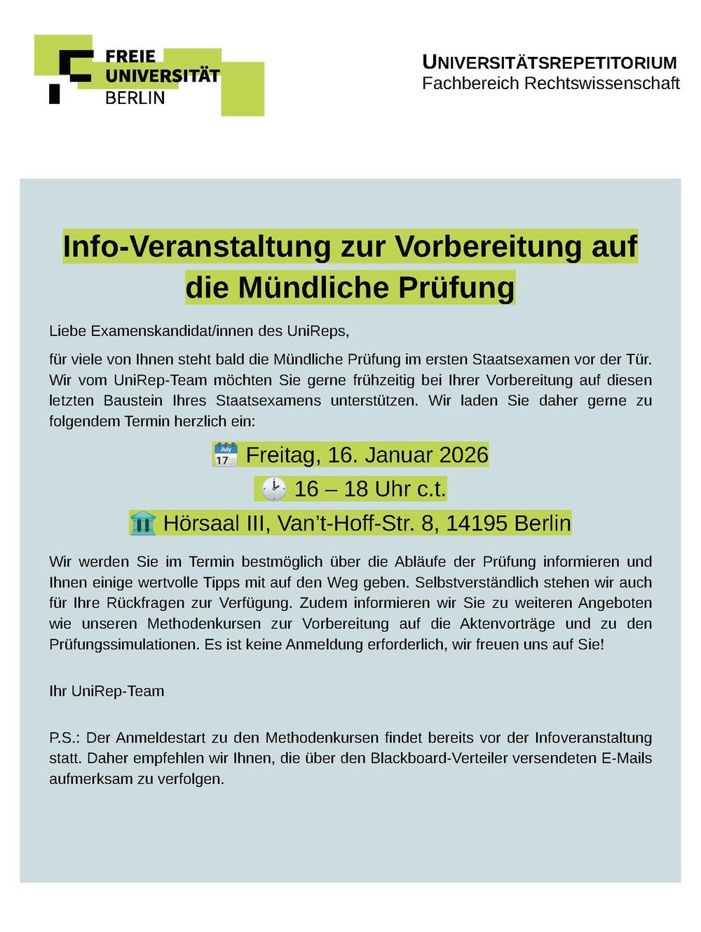 FU UniRep, Flyer Infoveranstaltung Mündliche Prüfung, Januar 2026