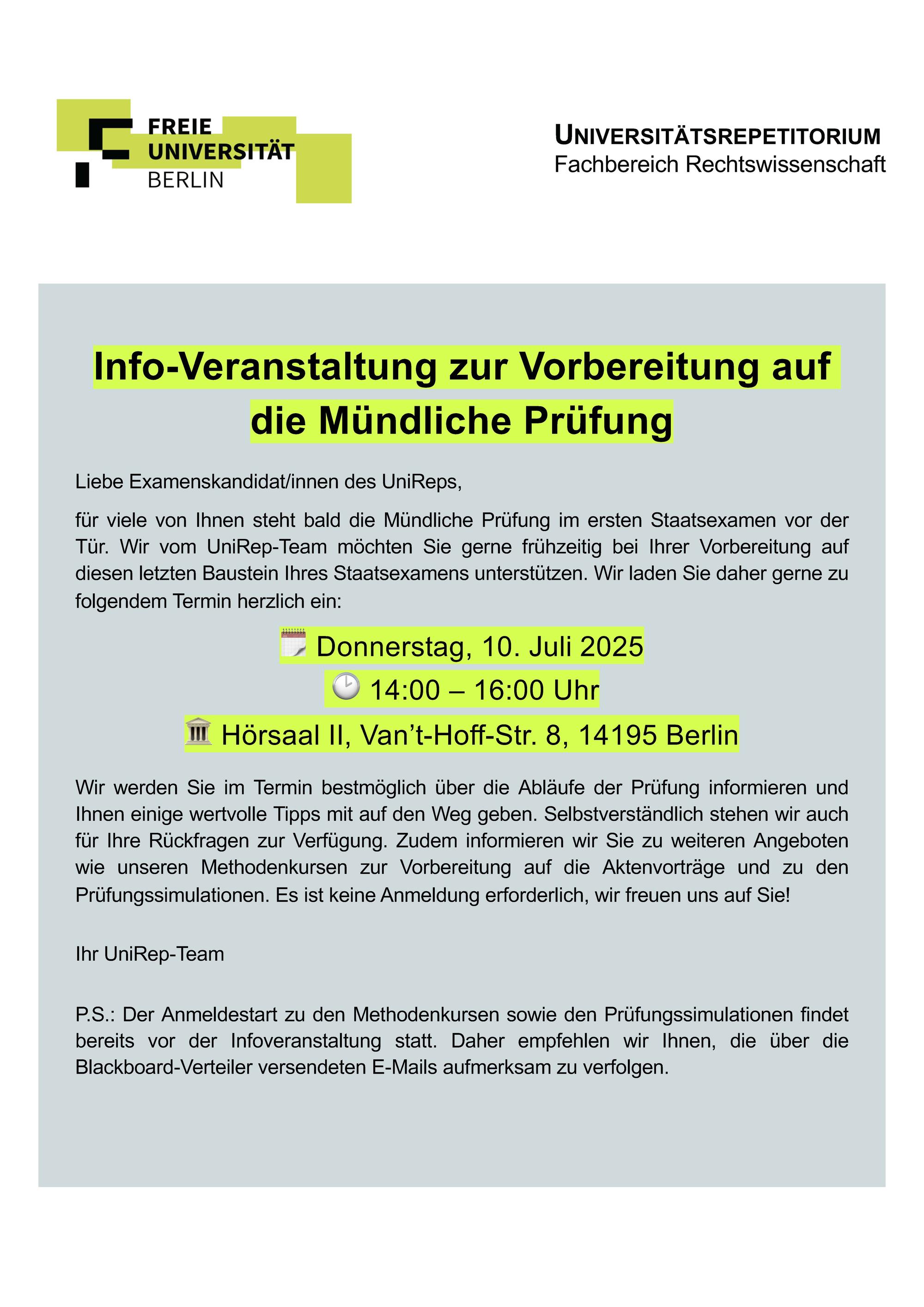 FU UniRep, Infoveranstaltung Mündliche Prüfung, Juli 2025